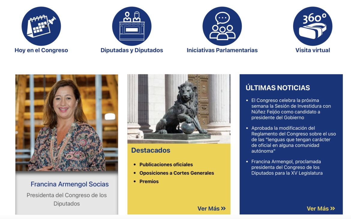 Páxina web del Congresu nel día que s'aprueba l'usu de les llingües